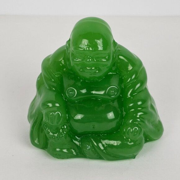 Vtg Green Carved Glass Sitting Buddha Figurine Statue Peoples Republic of China - Picture 1 of 13